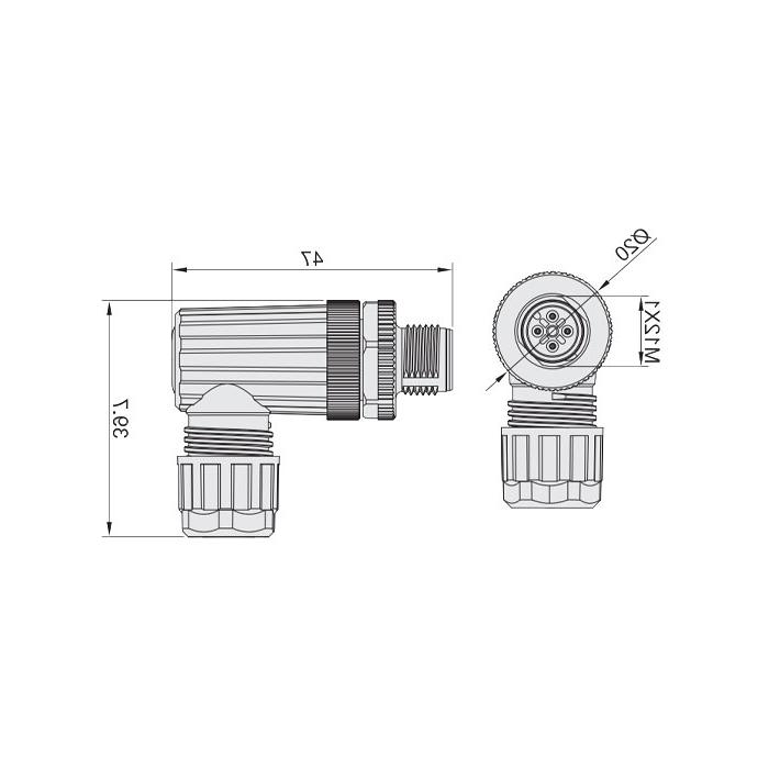 M12 5Pin、公头90°、食品級、螺钉连接、64F329