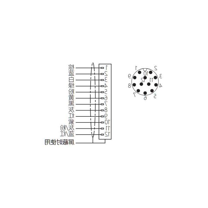 M12 12Pin、公头直型、单端预铸PUR柔性电缆、带屏蔽、黑色护套、64S403-XXX