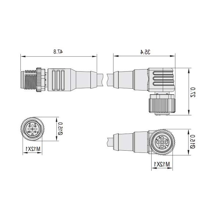 M12 5Pin 、母头90°转公头直型、双端预铸PUR柔性电缆、带屏蔽、黑色护套、64D305-XXX